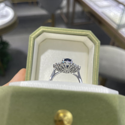 Oval Blue Sapphire Halo Ring for Women, Sterling Silver Look Statement Ring, Promise Ring, Gift Ring