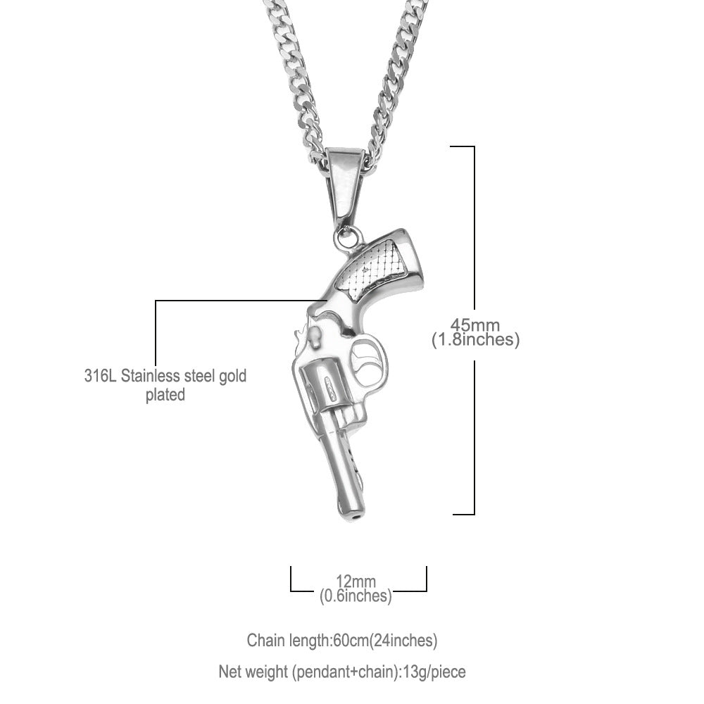 Men’s Stainless Steel Revolver Pendant Necklace with 3mm Cuban Chain in Silver Tone