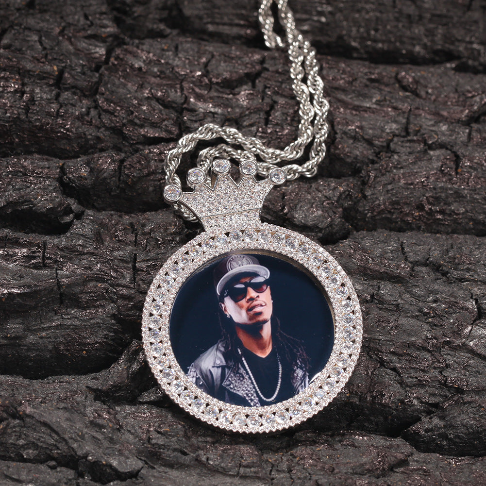 Custom Crown Round Photo Pendant Necklace with Cubic Zirconia Twisted Chain for Women