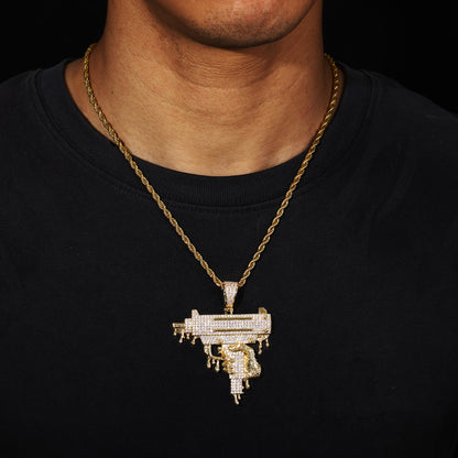Iced Out UZI Pendant Necklace for Men and Women - Hip Hop Cubic Zirconia Rope Chain Statement Jewelry