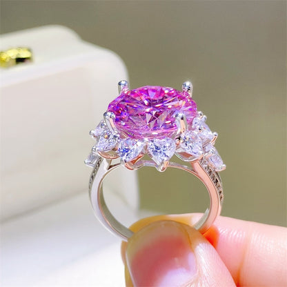 Pink Moissanite Halo Ring for Women, Round Statement Engagement Ring, 3 Carat or 10 Carat, Sizes 9-20