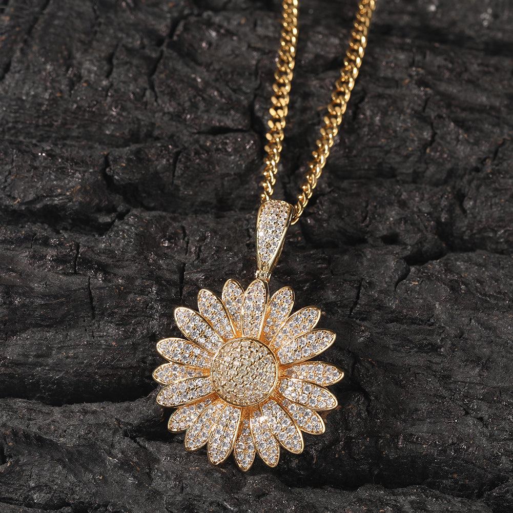 Sunflower Cubic Zirconia Pendant Necklace for Women – Hip Hop Statement Chain in Silver or Gold Tone, 24 Inch Twist or 3mm Cuban Chain