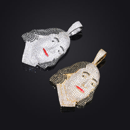 Portrait Face Zircon Hip Hop Pendant Necklace with Rope Chain