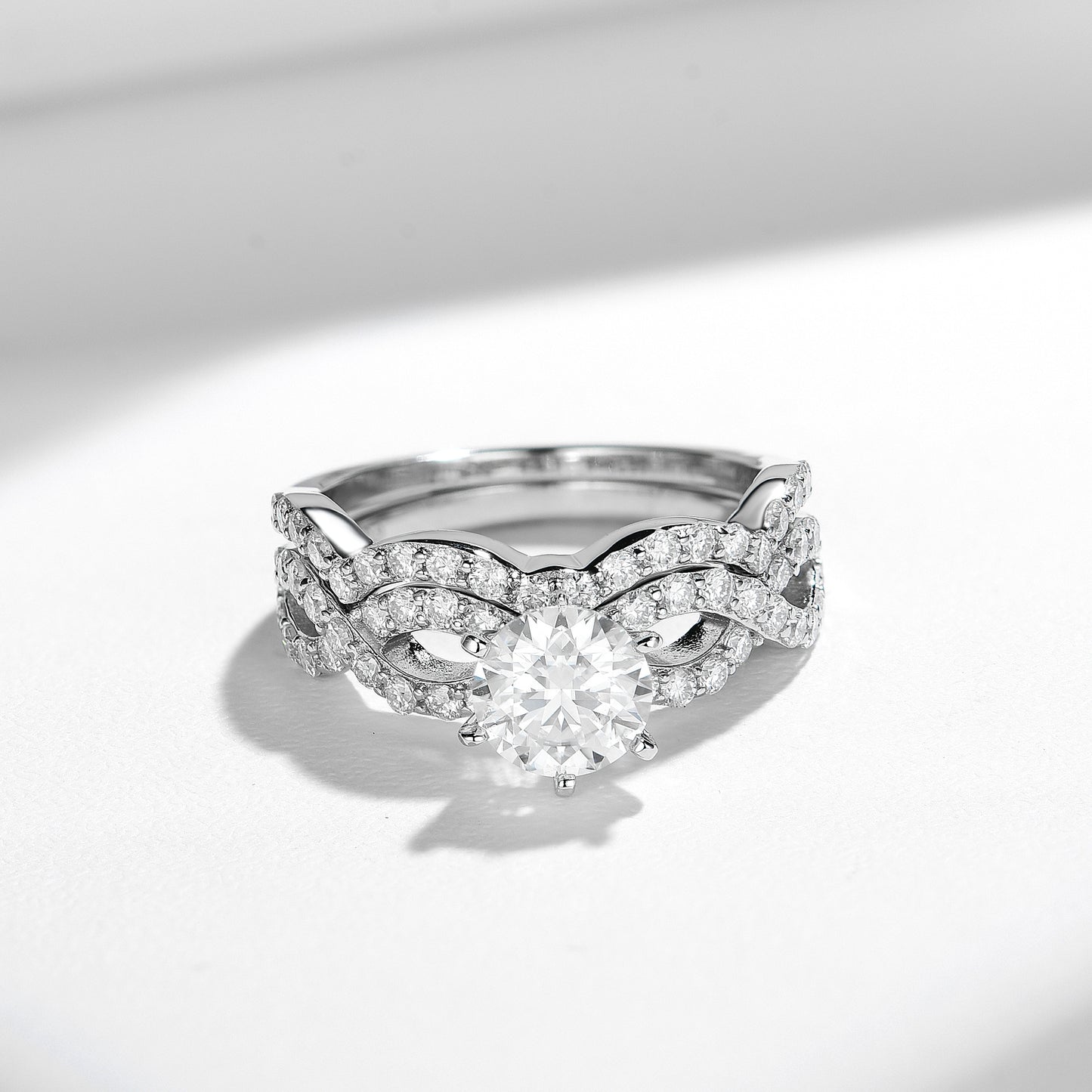 Round Moissanite Solitaire Wave Stackable Engagement Ring Set product image
