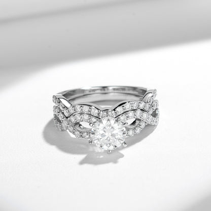 Round Moissanite Solitaire Wave Stackable Engagement Ring Set