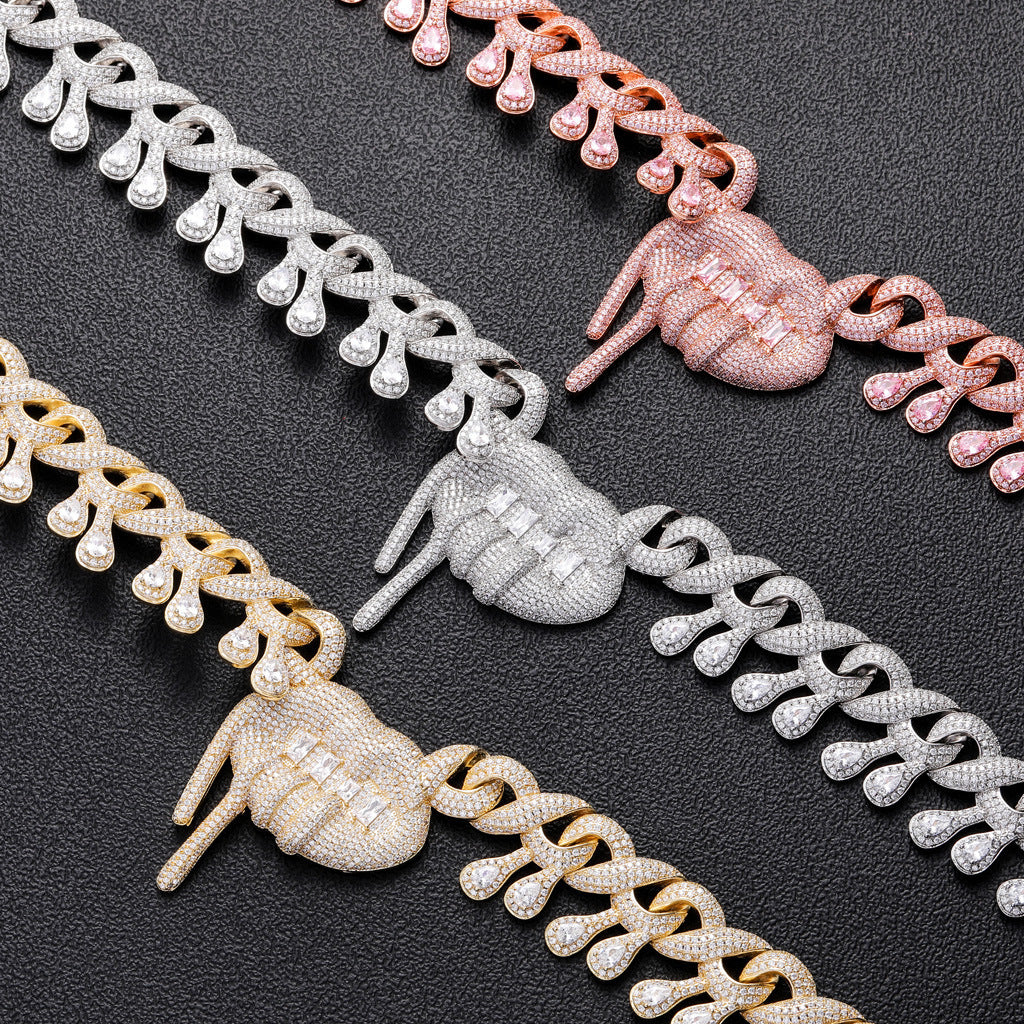 Hip Hop Teardrop Cuban Link Lip Cubic Zirconia Pendant Necklace for Men