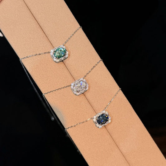 2 Carat Moissanite Pendant Necklace, S925 Silver Snake Chain Halo Pendant, Clear Green Blue product image