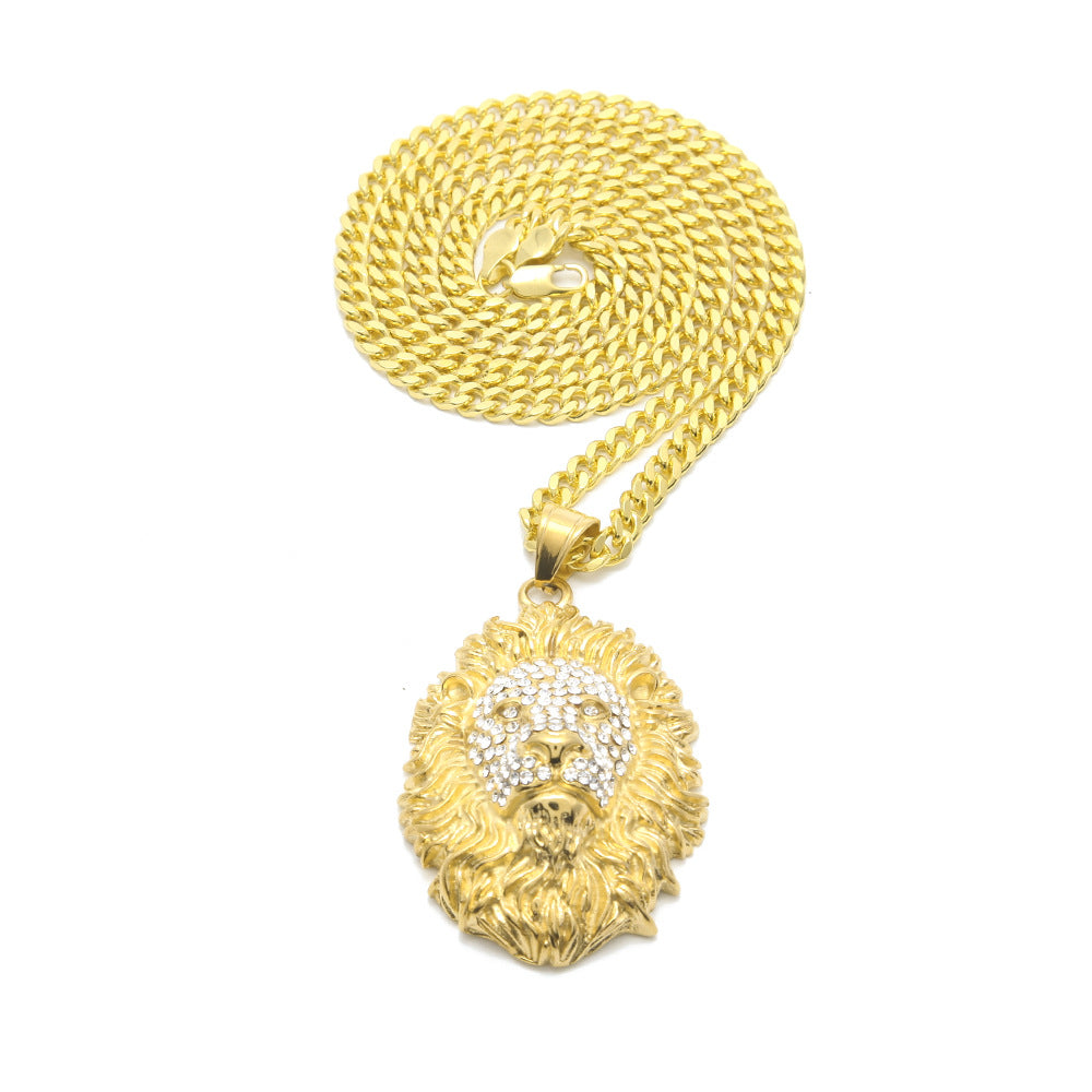 Gold Stainless Steel Lion Head Pendant Necklace with cubic zirconia Cuban Chain product image
