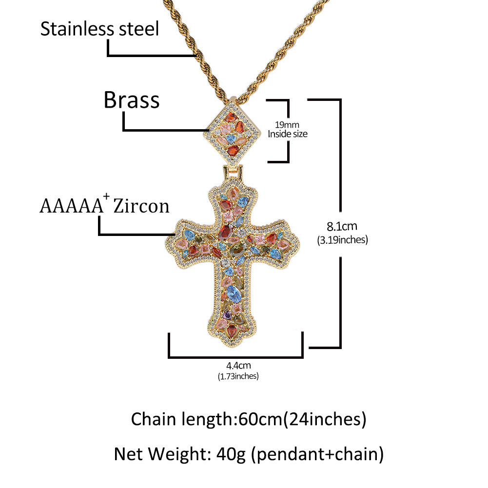 Iced Cross Pendant Necklace for Women with Cubic Zirconia, Gold Silver Rose Gold Twisted Chain Statement Necklace
