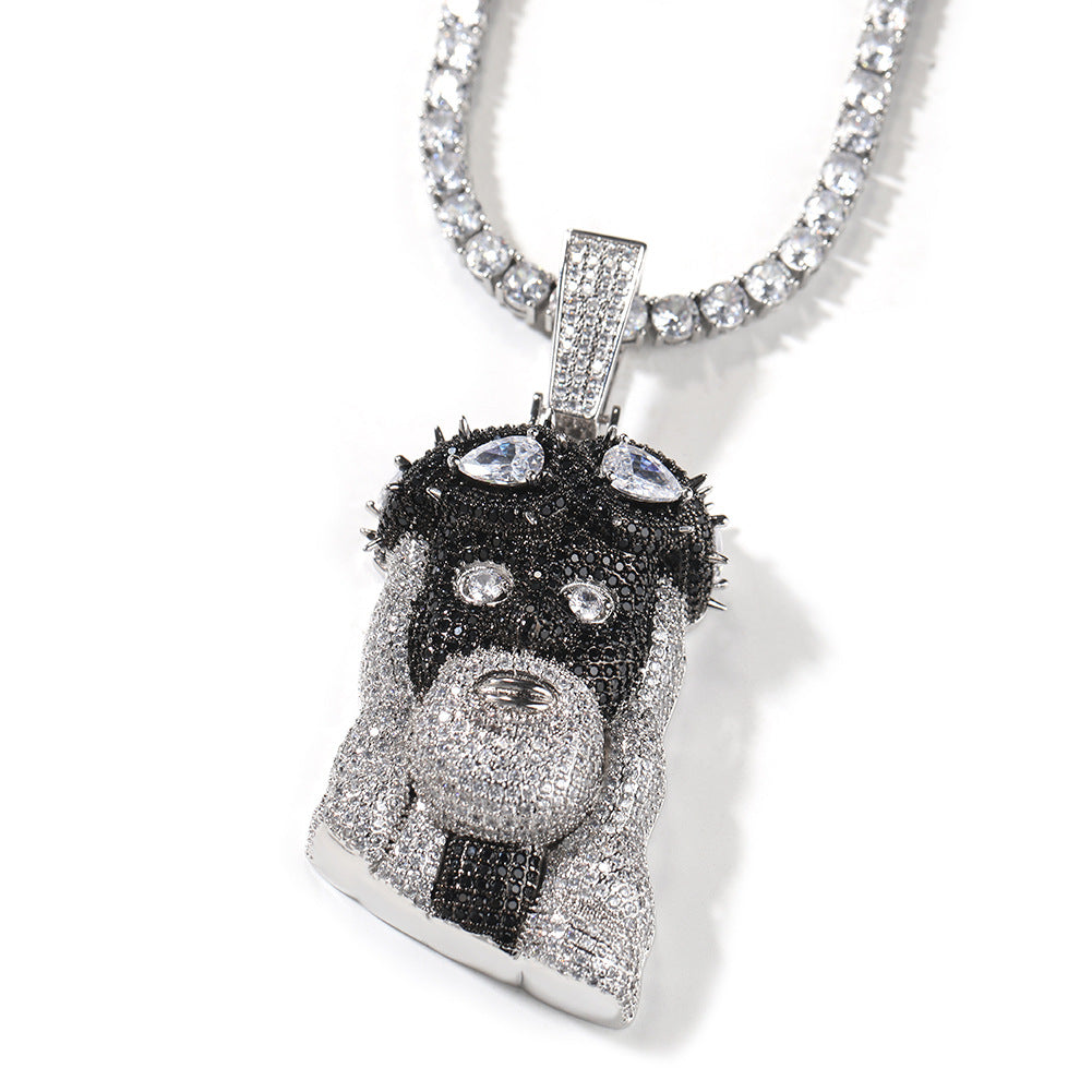 Iced Black & White Dog Head Pendant Necklace with 3mm 24-Inch Twist Chain – Hip Hop Copper Statement Jewelry product image