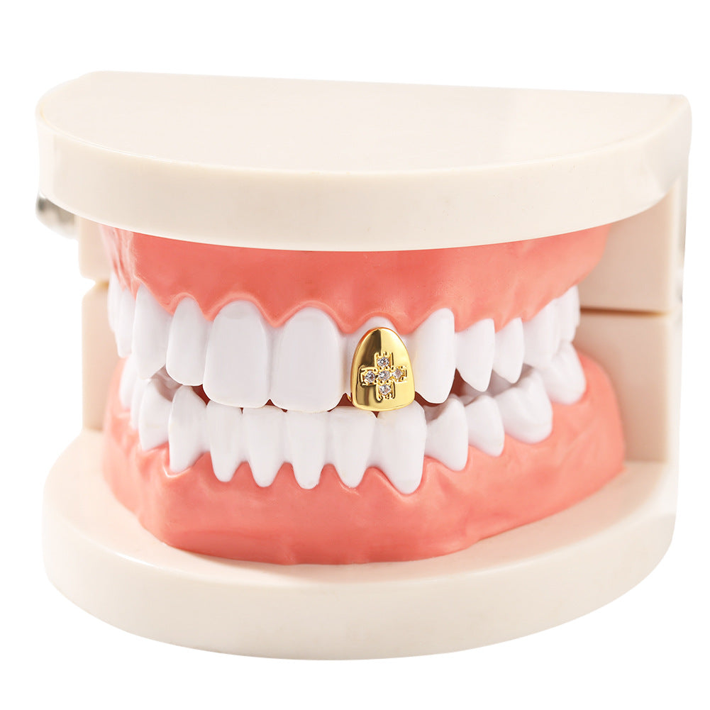 Hip Hop Cross Tooth Cap with Cubic Zirconia for Men & Women – Gold Plated or Silver Plated Statement Grill Accessory