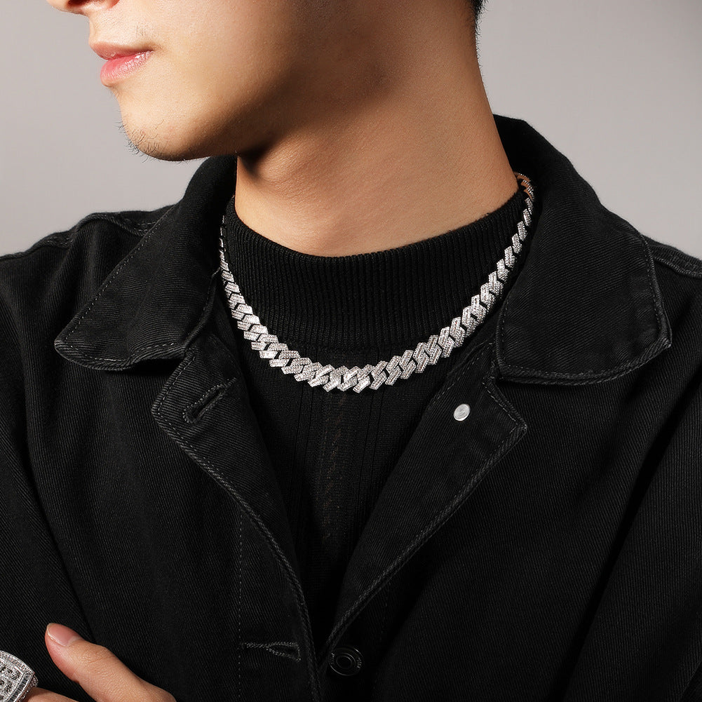 Iced Out Cuban Link Chain Necklace & Bracelet Set with Square Cubic Zirconia, Gold Plated Statement Hip Hop Jewelry for Women and Men