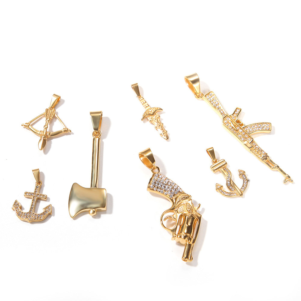Gold Plated Stainless Steel Statement Pendant Necklace with Cuban Chain - Dagger, Machine Gun, Bow and Arrow, Anchor, Axe Charm Necklace