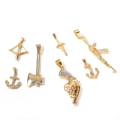 Gold Plated Stainless Steel Statement Pendant Necklace with Cuban Chain - Dagger, Machine Gun, Bow and Arrow, Anchor, Axe Charm Necklace
