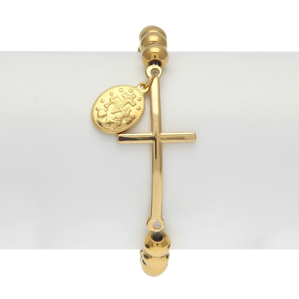 Gold Plated Stainless Steel Cross Beaded Bracelet with Round Charm for Women & Men