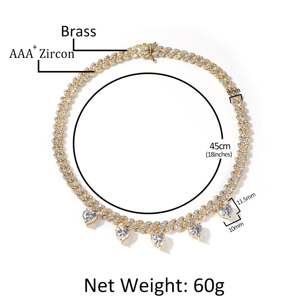 Unisex Heart Charm Cuban Link Necklace with Cubic Zirconia Pendant Chain in Gold, Silver & Rose Gold