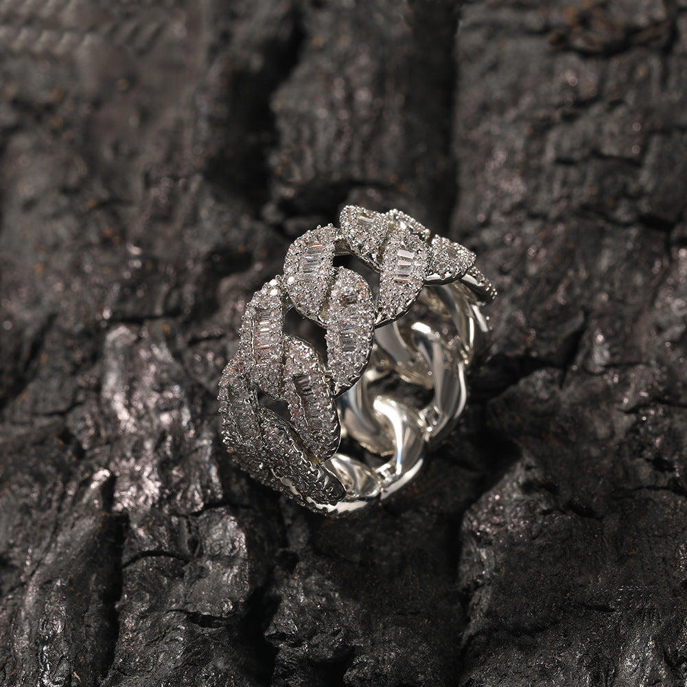 Moon Link Pavé Diamond-Style Chain Ring for Women in Gold, Silver & Rose Gold