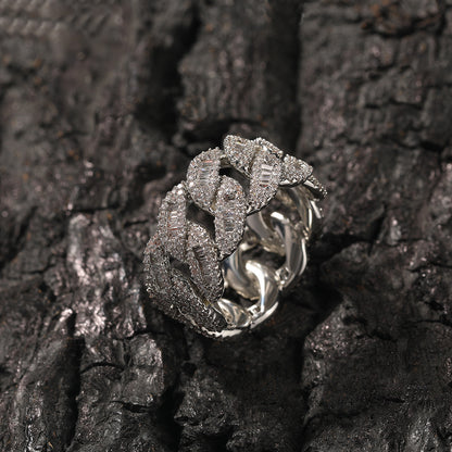 Moon Link Pavé Diamond-Style Chain Ring for Women in Gold, Silver & Rose Gold