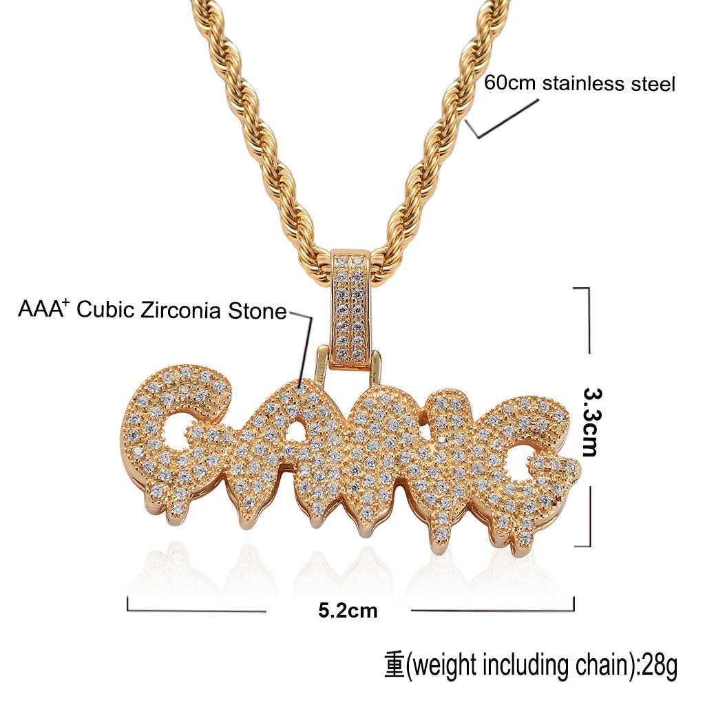 Hip Hop Letter Teardrop Cubic Zirconia Pendant Necklace for Men and Women