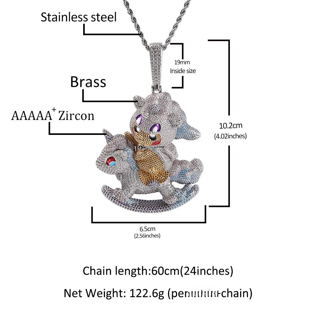 Iced Cartoon Rocking Horse Pendant Necklace with Cubic Zirconia Hip Hop Chain for Women & Men