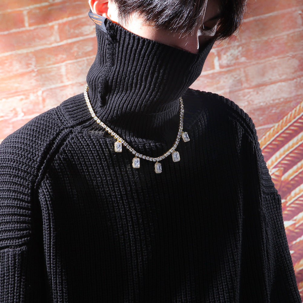 Unisex Hip Hop Golden Tennis Chain Necklace with Emerald-Cut Zircon Pendant, Custom 16/18 Inch Copper Statement Jewelry