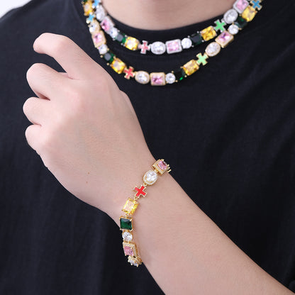 Colorful Cross Pendant Chain Necklace and Bracelet, 10mm Geometric Cubic Zirconia Jewelry Set