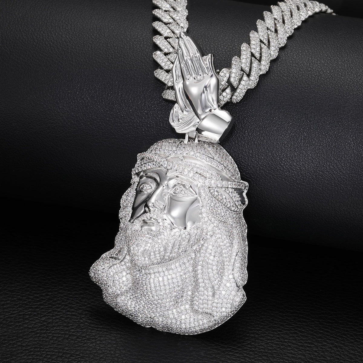 Iced Out Jesus Face Pendant Necklace with Cuban Link Chain, Silver Tone Cubic Zirconia Hip Hop Jewelry product image