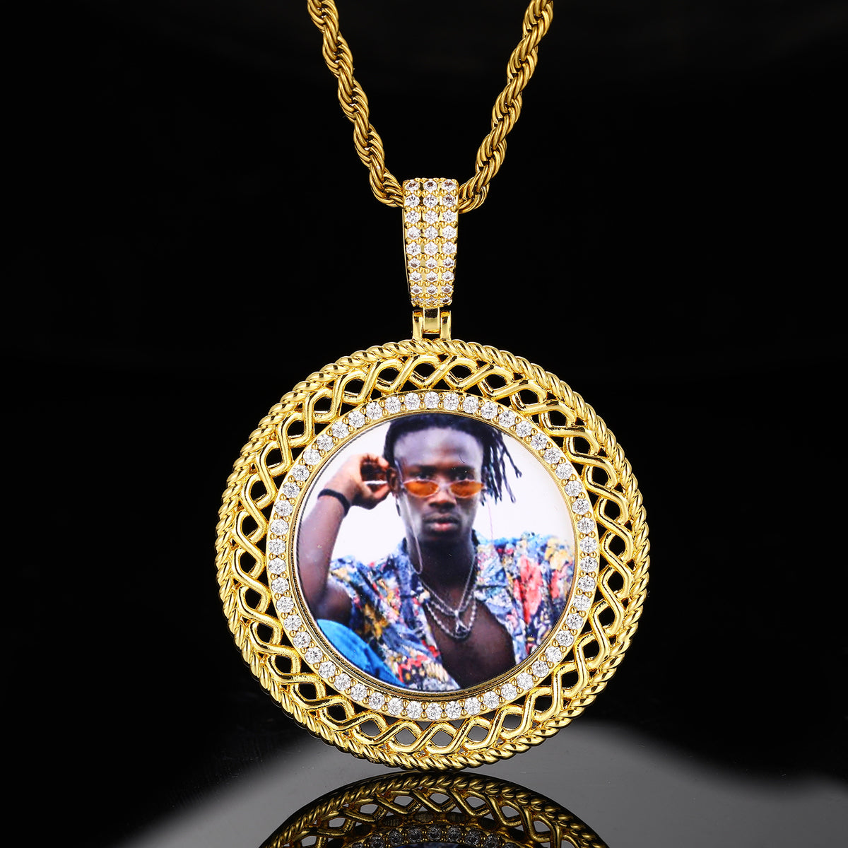 Iced Out Round Portrait Pendant Necklace with Rope Chain for Men and Women product image