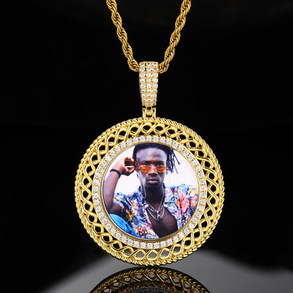 Iced Out Round Portrait Pendant Necklace with Rope Chain for Men and Women