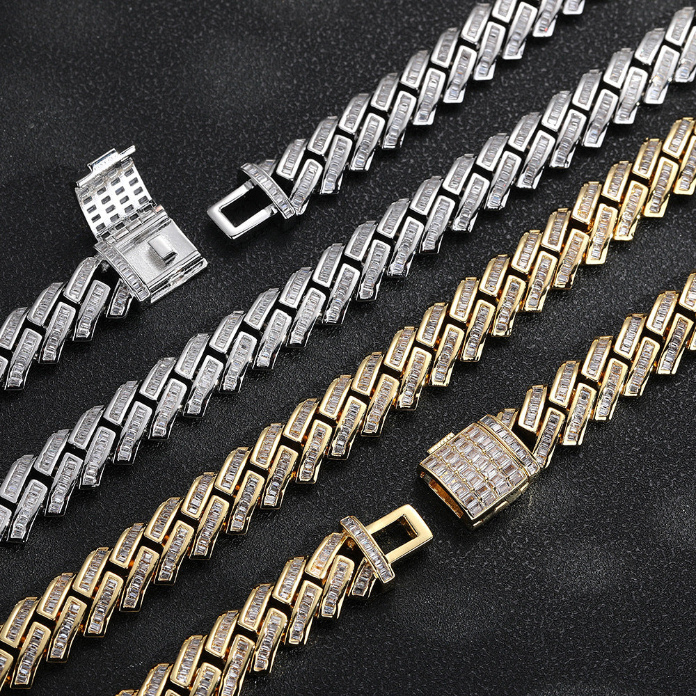 12MM Iced Out Cuban Link Bracelet, Rectangular Stone Hip Hop Chain Bracelet, Unisex