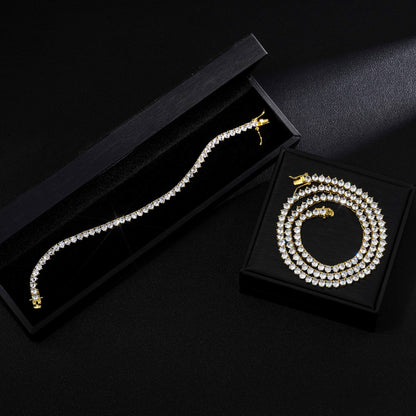 Unisex 3-Prong Tennis Chain Necklace & Bracelet, Iced Zirconia Geometric Chain Jewelry, 3mm/4mm