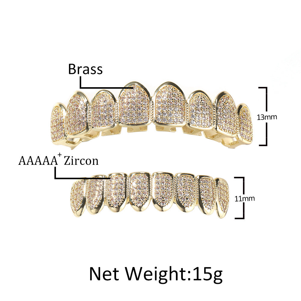 Gold & Silver Full Cubic Zirconia Hip Hop Grillz Set for Top and Bottom Teeth Statement Jewelry
