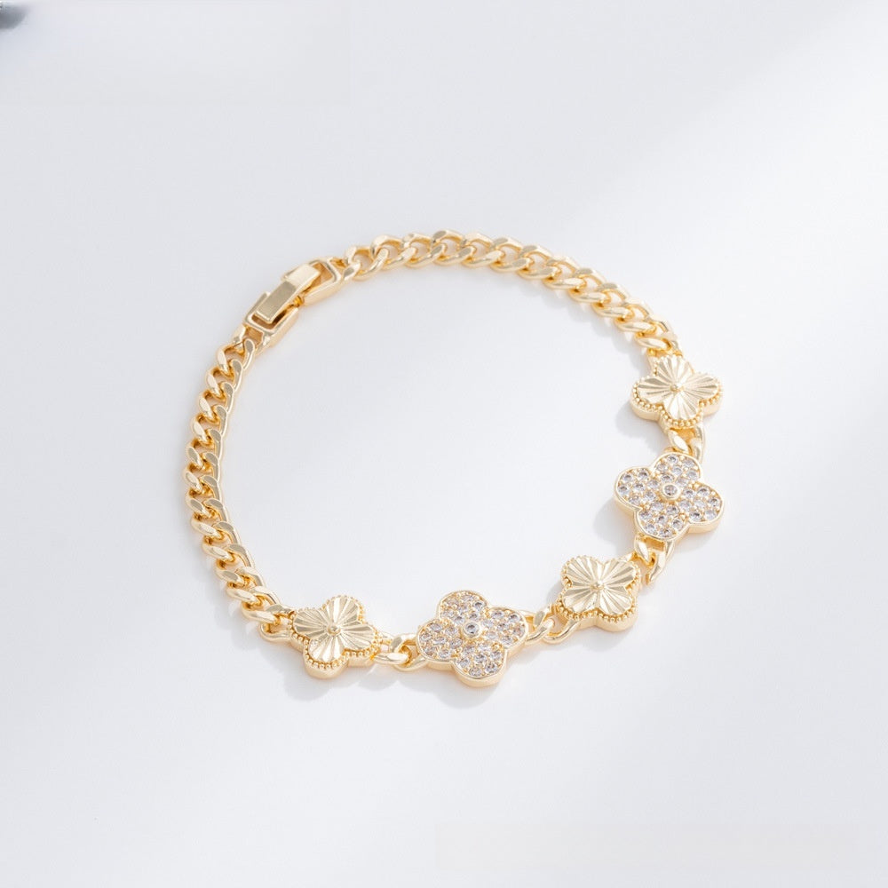 Elegant Four Leaf Clover Gold Plated Bracelet with Crystal Charm for Women & Men