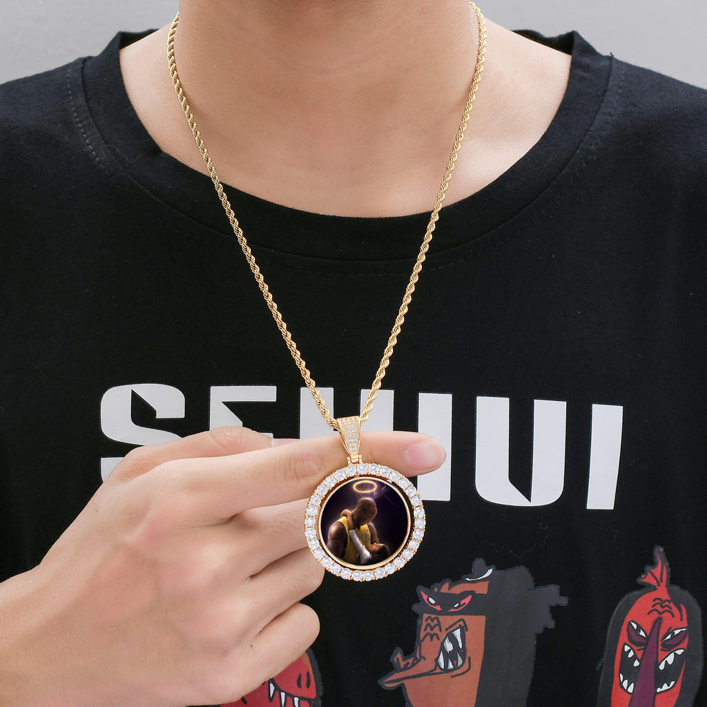 Hip Hop Round Photo Frame Copper Pendant Necklace for Men and Women