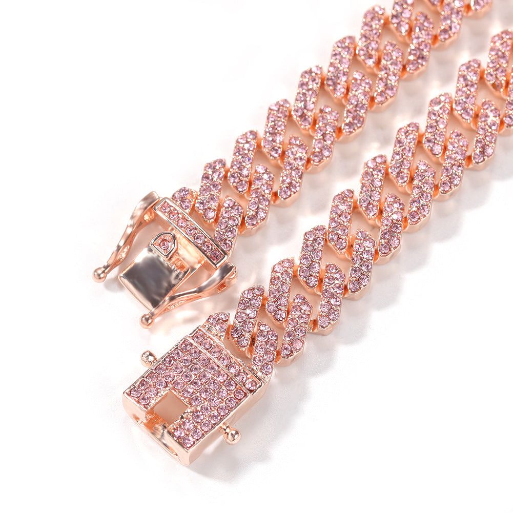 2026 Pink Iced Cuban Link Chain Set for Men – Alloy Electroplated Bracelet & Necklace Street Style Jewelry