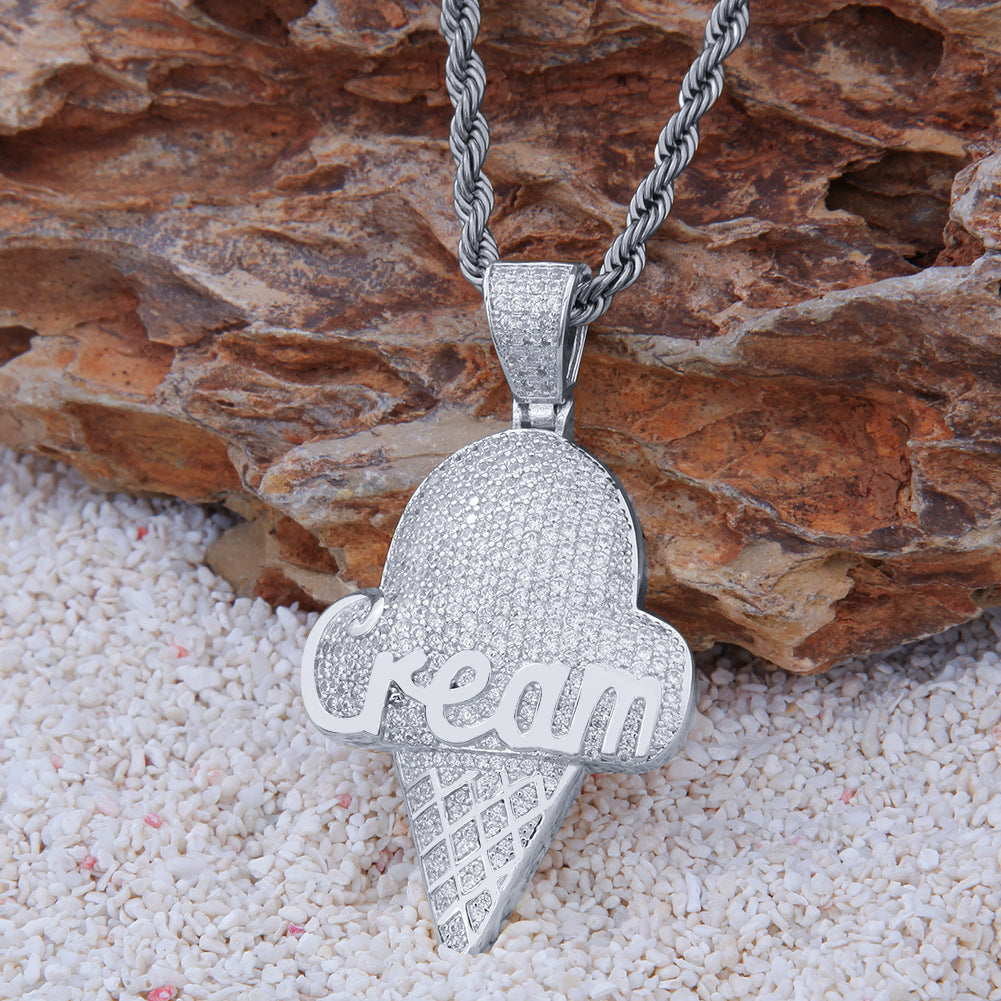 Iced Ice Cream Pendant Necklace with Cubic Zirconia Rope Chain for Women & Men