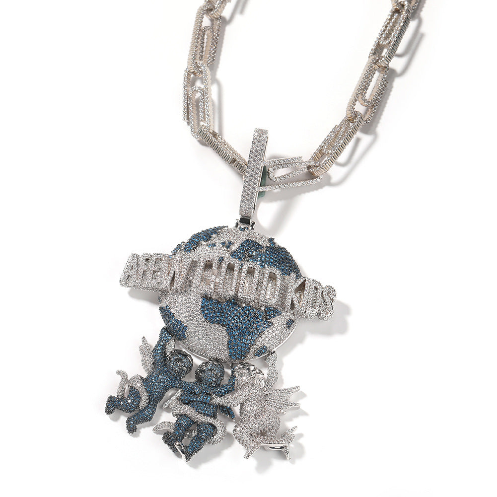 Iced Angel Globe Pendant Necklace with Green or Blue Cubic Zirconia, 24 Inch Twist Chain, Hip Hop Statement Jewelry