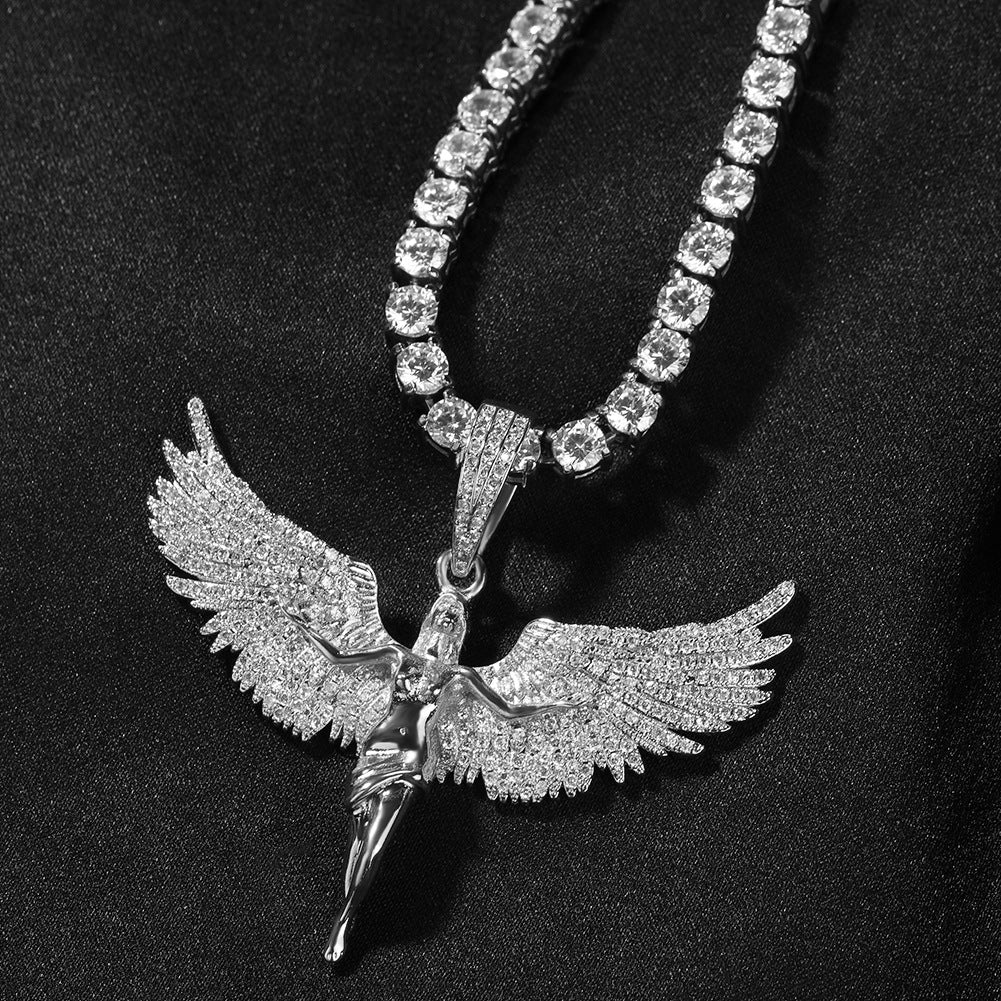 Iced Wing Angel Pendant Necklace with Twisted Rope Chain for Women and Men