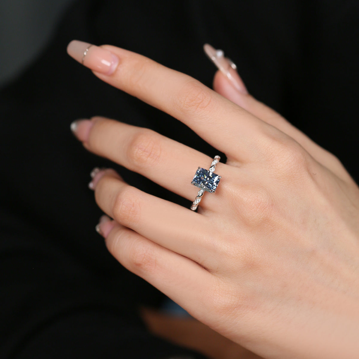 Blue Moissanite Ring, 3 Carat Radiant Cut, S925 Sterling Silver Twisted Band product image