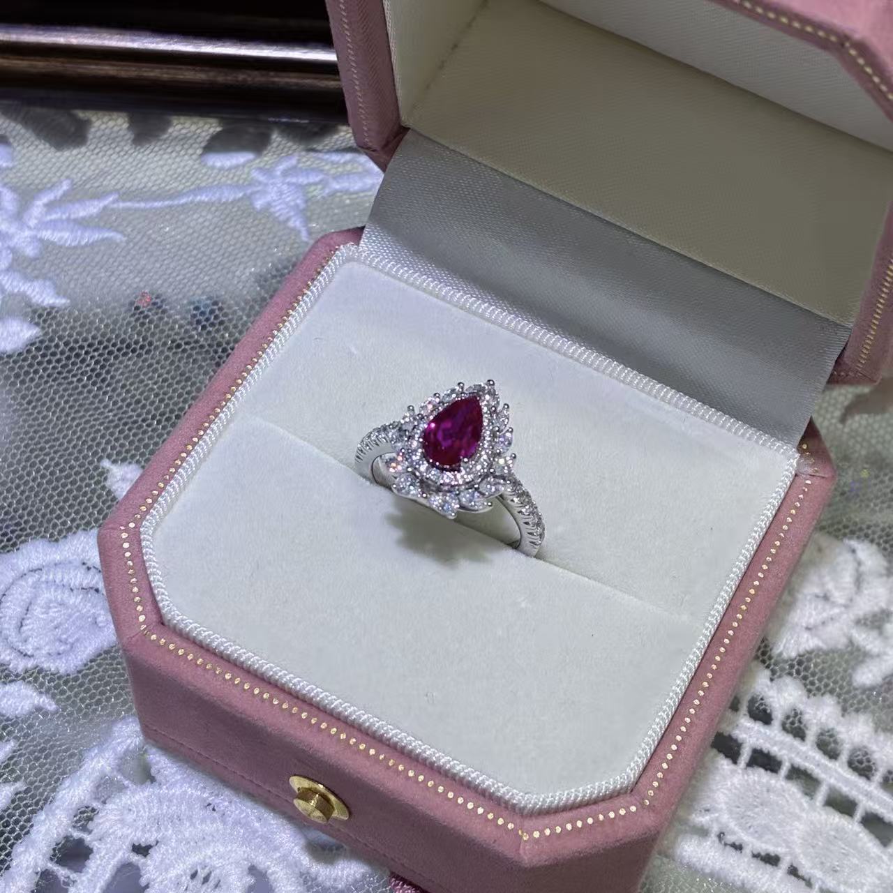 S925 Sterling Silver Lab-Grown Ruby Halo Ring for Women, Teardrop Floral Pavé Ring product image