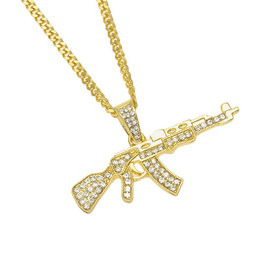 Rhinestone Rifle Pendant Necklace with 3mm Cuban Chain – Gold Plated or Silver Plated Hip Hop Statement Jewelry
