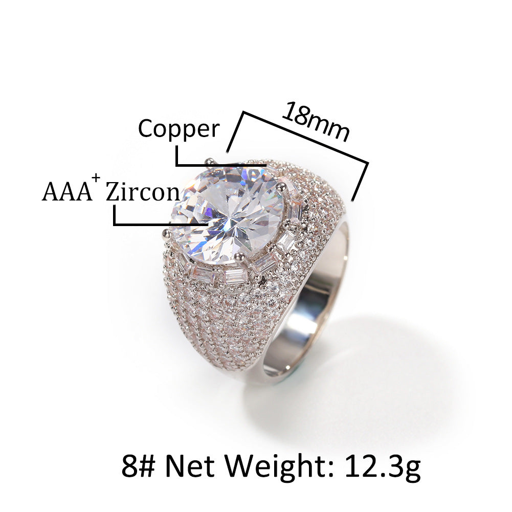 Unisex Gold Plated Cubic Zirconia Statement Ring - Round Halo Hip Hop Style Band