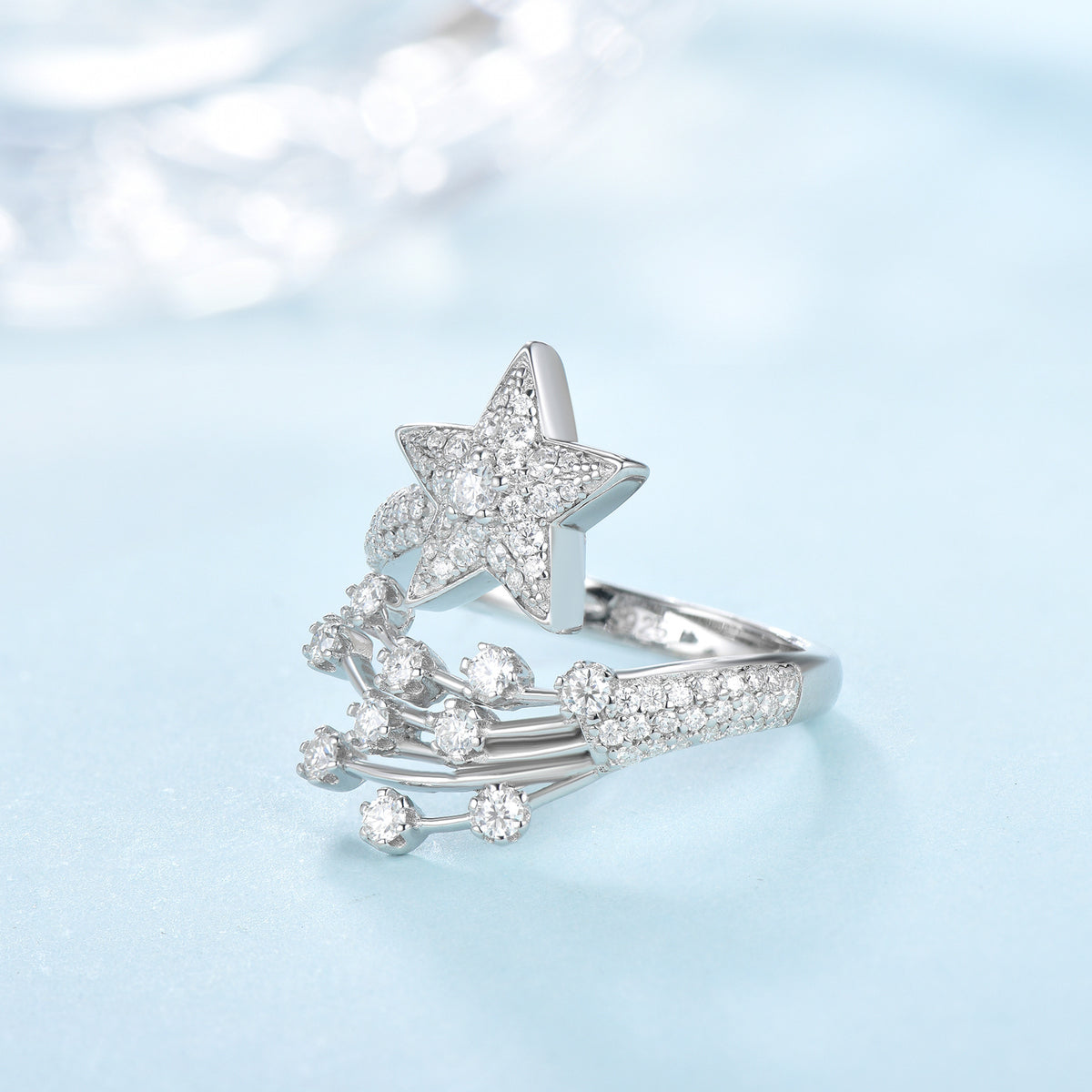 Moissanite Star Open Ring for Women, Silver Comet Celestial Ring product image