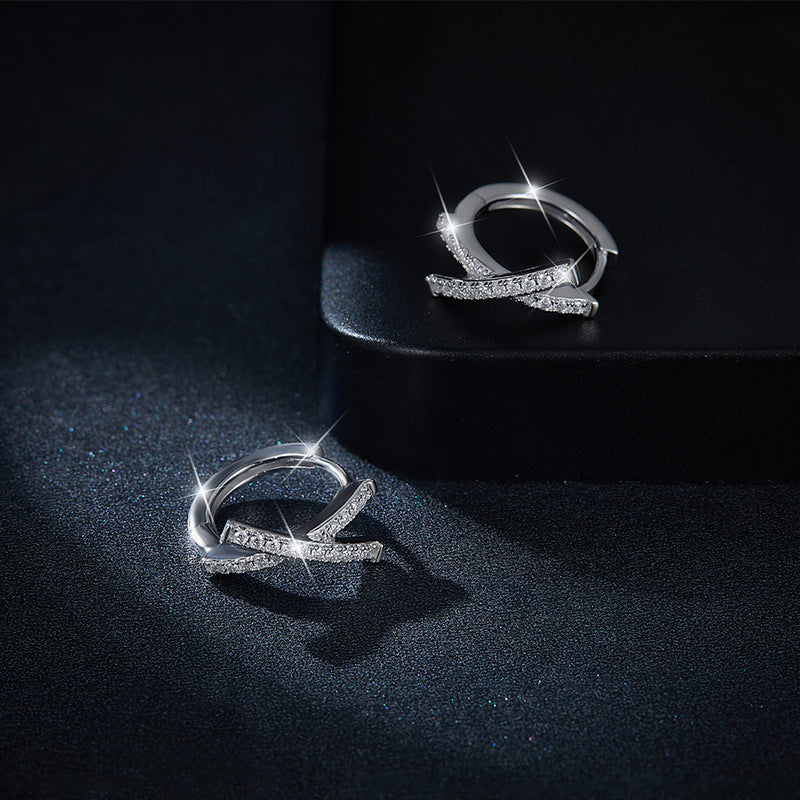 925 Silver Moissanite X Hoop Earrings, Cross Over Huggie Style product image