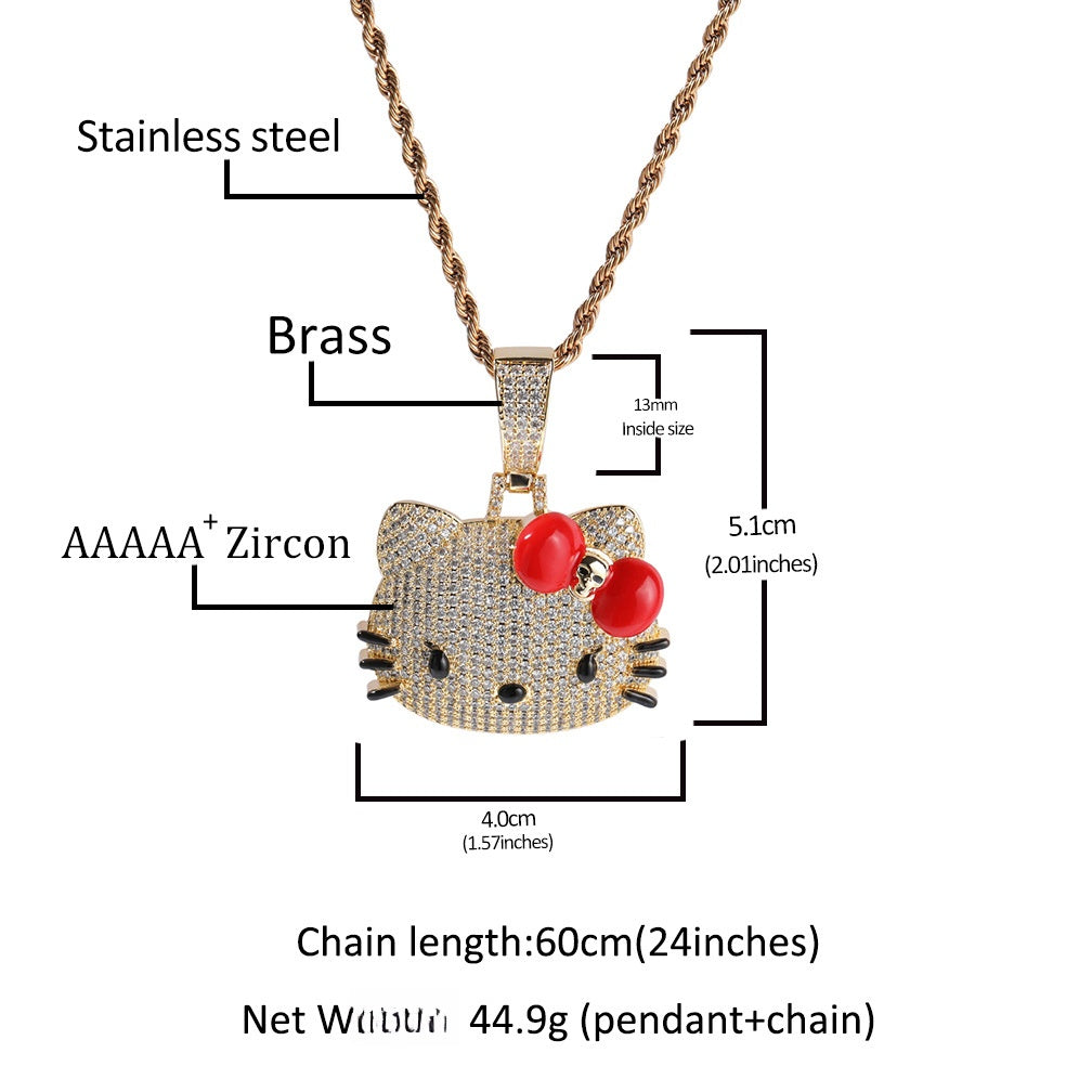 Iced Cat Pendant Necklace for Women with 24 Inch Twist Chain, Gold Silver Rose Gold Tone Statement Hip Hop Jewelry