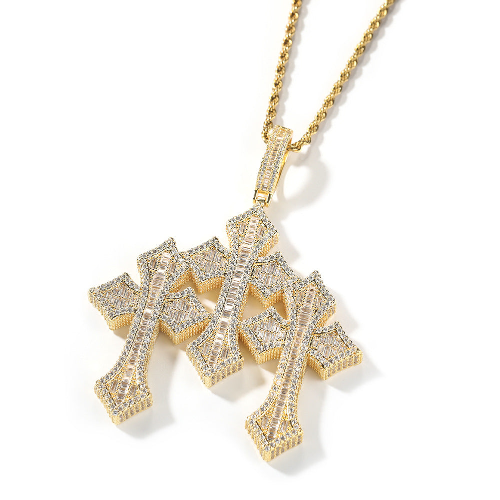 Iced Out Cross Pendant Necklace with Cubic Zirconia Twist Chain - Hip Hop Statement Necklace for Women & Men