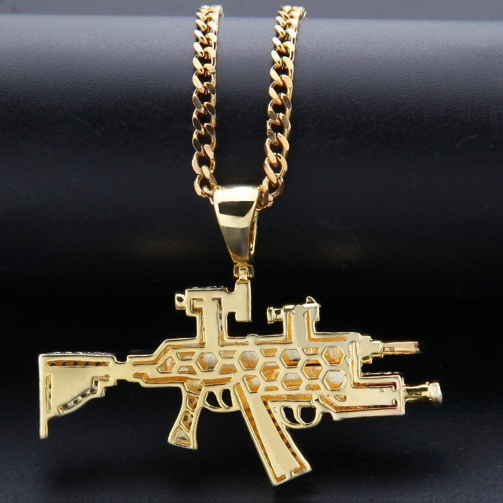 Gold Plated Hip Hop Rifle Pendant Necklace with Cubic Zirconia Iced Charm on 24 Inch Stainless Steel Twist or Cuban Chain