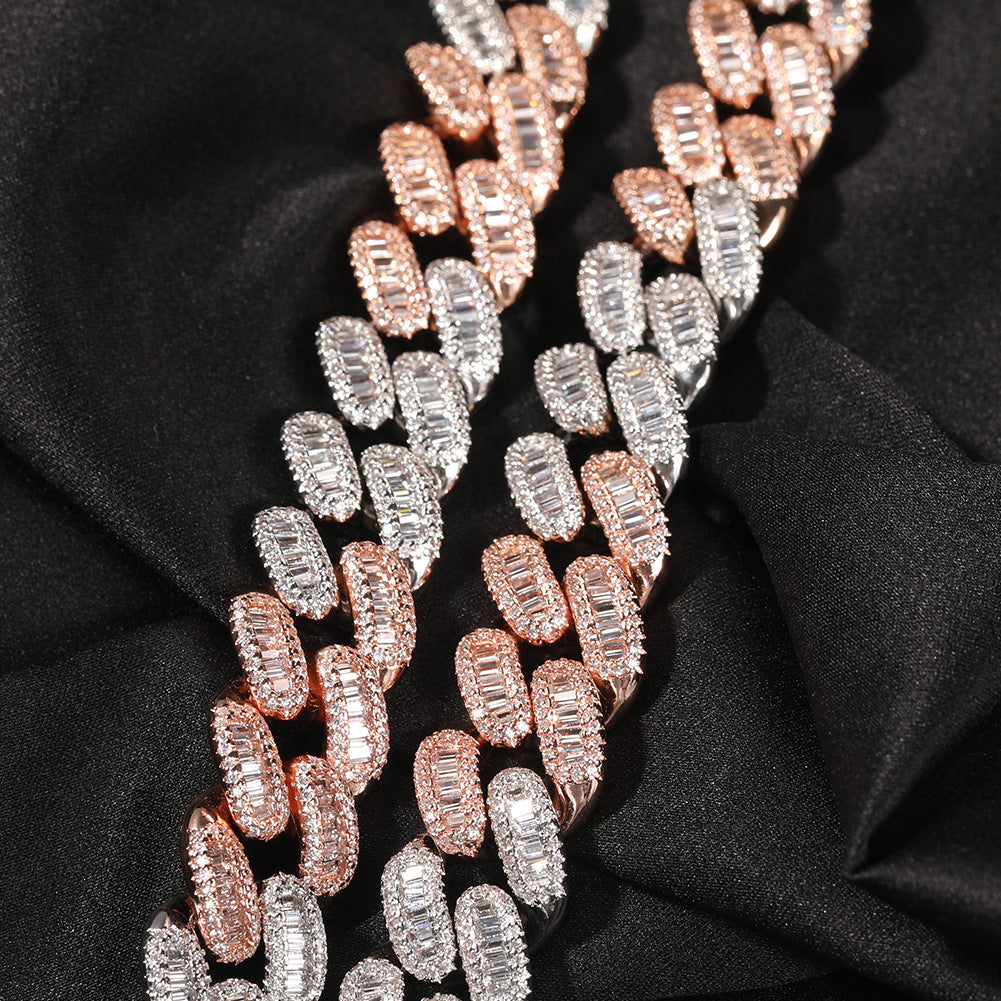 Iced Out Two-Tone Cuban Link Chain Necklace with Cubic Zirconia Pendant for Women and Men