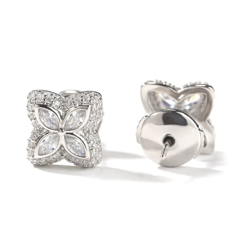 Unisex Flower Stud Earrings with Cubic Zirconia in Silver Tone, Rose Gold Mix & Platinum Mix