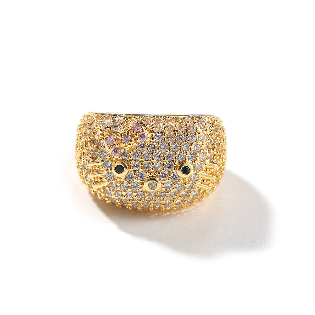 Cute Cartoon Cat Ring for Women & Men – Gold Plated Cubic Zirconia Statement Ring in Gold, Silver & Rose Gold